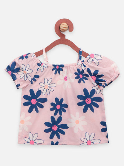 Baby Pink Blue Flower Top with Detailed Denim Skirt Set