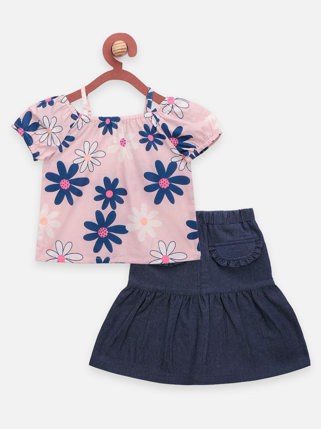 Baby Pink Blue Flower Top with Detailed Denim Skirt Set