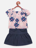 Baby Pink Blue Flower Top with Detailed Denim Skirt Set