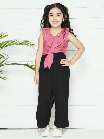 Pink Black Evil Eye Print Knot Crop Top with Flared Palazzo Set