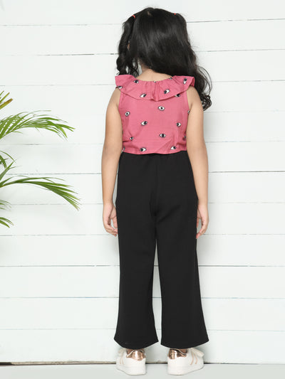 Pink Black Evil Eye Print Knot Crop Top with Flared Palazzo Set