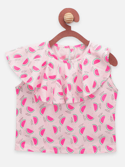 Pink Watermelon Print Top with Denim Skirt Set