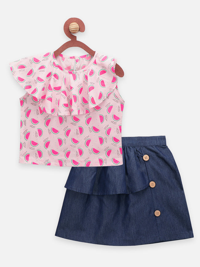 Pink Watermelon Print Top with Denim Skirt Set