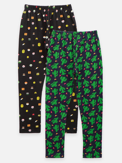 Black Green Funky Print Leggings - Pack of 2