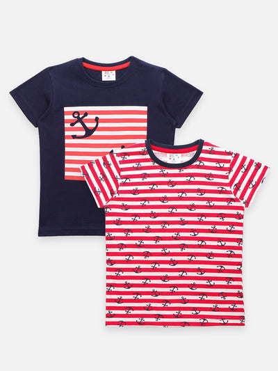 Black Red Striped Anchor Print T-shirt - Pack of 2