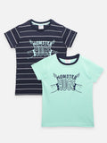 Navy Sea Green Monster Print Striped T-shirt - Pack of 2
