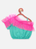Green Pink Frilly Crop Top with Flared Skir Set