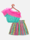 Green Pink Frilly Crop Top with Flared Skir Set