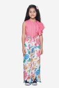 Pink White Stripe Ruffle Top With Floral Tulip Palazzo Pant Set