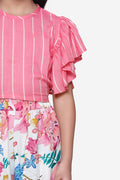 Pink White Stripe Ruffle Top With Floral Tulip Palazzo Pant Set