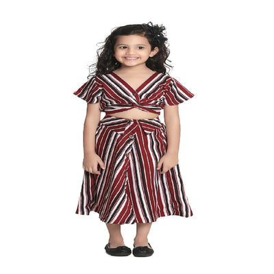 Maroon Striped Knot Crop Top With Striped Skirt Set