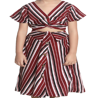 Maroon Striped Knot Crop Top With Striped Skirt Set