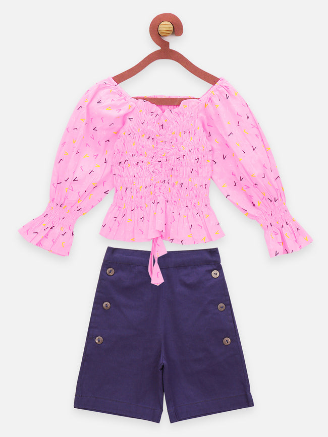 Neon Pink and Navy Smocking Top With Shorts Set