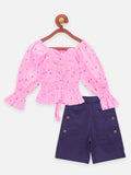 Neon Pink and Navy Smocking Top With Shorts Set