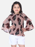 Beige Floral Bell Sleeves Smocking Top