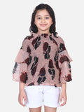 Beige Floral Bell Sleeves Smocking Top