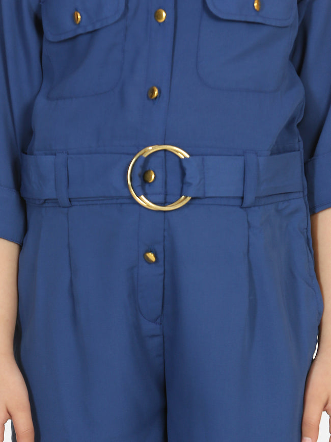 Blue Golden Button Formal Jumpsuit
