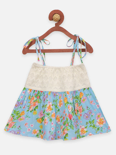 Blue Pink Floral Print Top And Pineapple Print Shorts Set