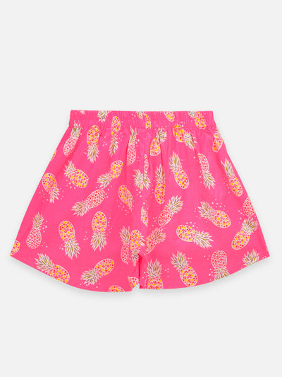 Blue Pink Floral Print Top And Pineapple Print Shorts Set