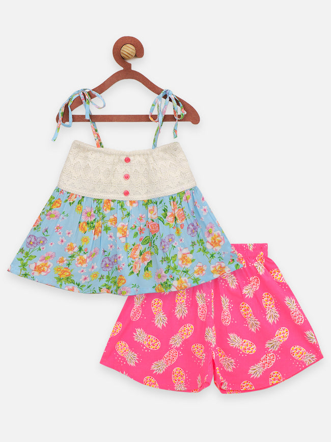Blue Pink Floral Print Top And Pineapple Print Shorts Set