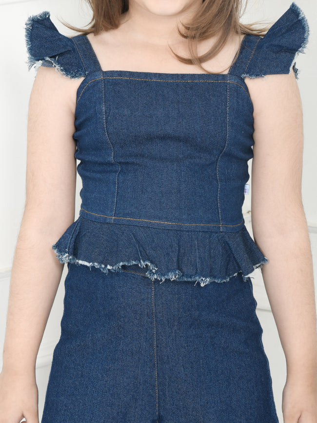 Blue Rough Look Corset Top With Flared Culottes Co-Ord Set
