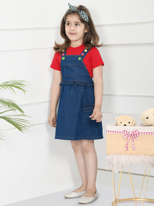 Red Tee With Blue Denim Dungaree Set