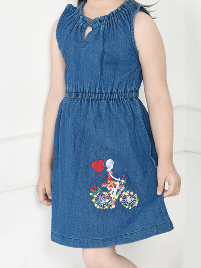 Blue Cycle Cute Gal Embroidered Fit And Flare Dress