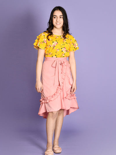 Floral Flared Sleeve Yellow Top with Frilled Skirt Set