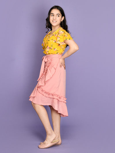 Floral Flared Sleeve Yellow Top with Frilled Skirt Set