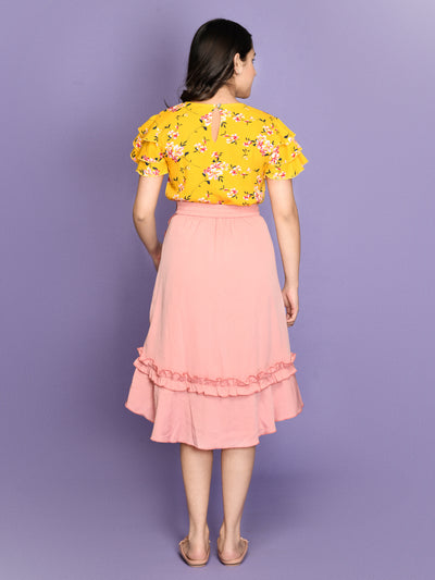 Floral Flared Sleeve Yellow Top with Frilled Skirt Set