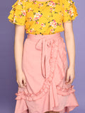 Floral Flared Sleeve Yellow Top with Frilled Skirt Set