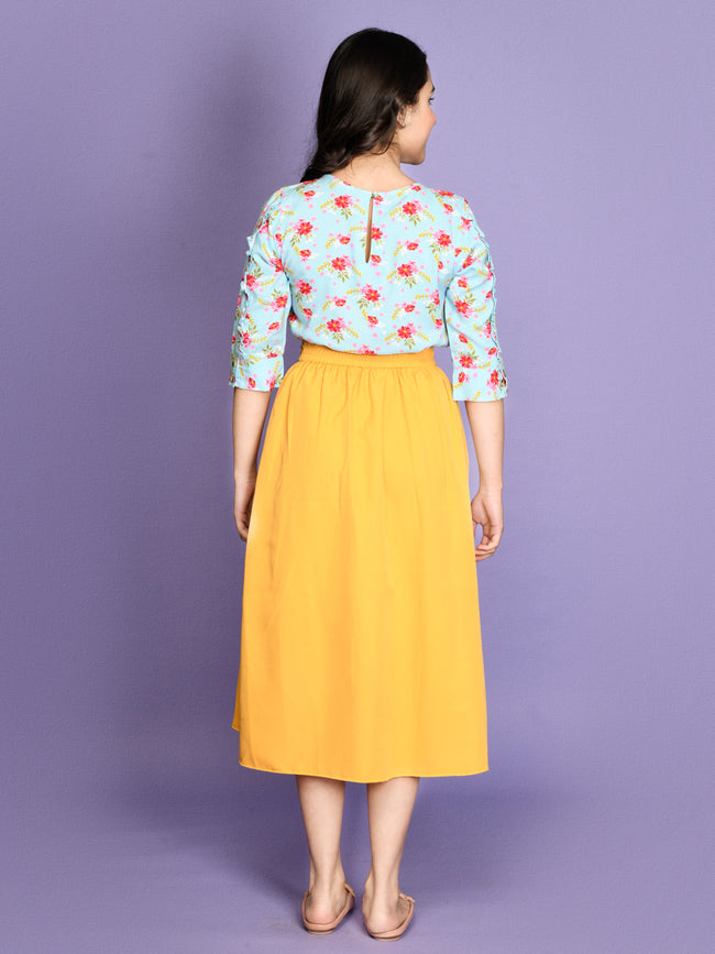 Floral Sky Blue Top with Yellow Asymmetrical Skirt Set
