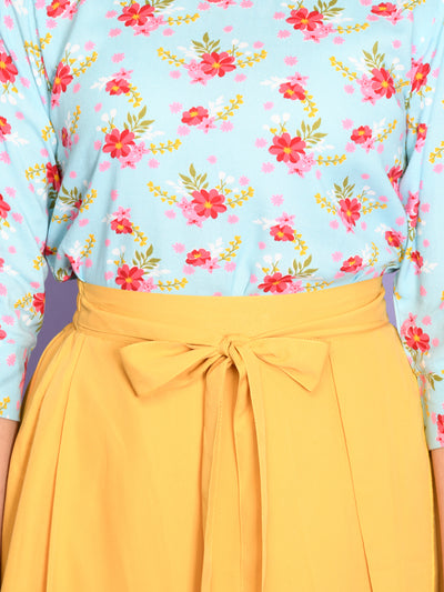 Floral Sky Blue Top with Yellow Asymmetrical Skirt Set