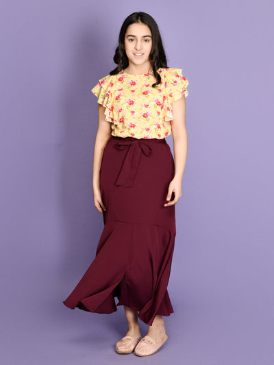 Floral Flared Sleeve Yellow Top with Maroon Stylish Long Skirt Set