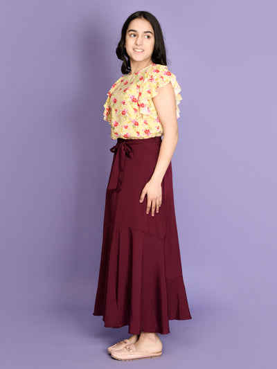 Floral Flared Sleeve Yellow Top with Maroon Stylish Long Skirt Set