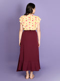 Floral Flared Sleeve Yellow Top with Maroon Stylish Long Skirt Set