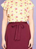 Floral Flared Sleeve Yellow Top with Maroon Stylish Long Skirt Set