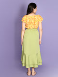 Floral Yellow Layered Top with Green Asymmetrical Skirt Set