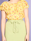 Floral Yellow Layered Top with Green Asymmetrical Skirt Set