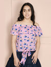 Pink Floral Off Shoulder Knot Top