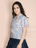 Sky Blue Floral Print Buttoned Top