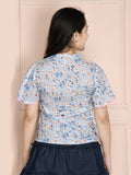 Sky Blue Floral Print Buttoned Top