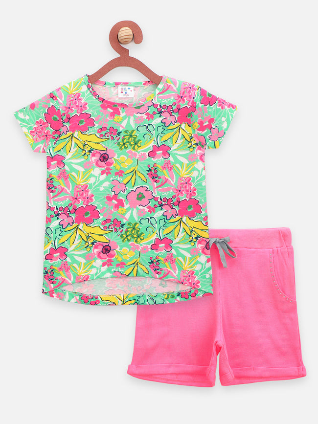 Green Floral Print Top with Pink Shorts Set