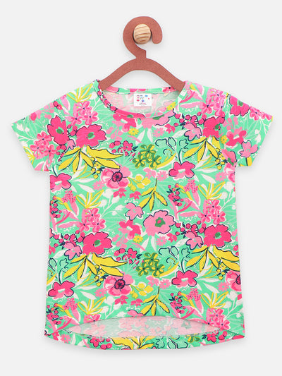 Green Floral Print Top with Pink Shorts Set