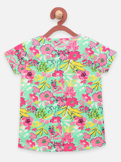 Green Floral Print Top with Pink Shorts Set