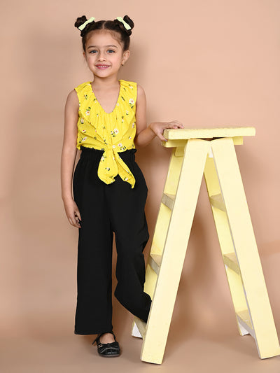 Floral Yellow Knot Crop Top with Zade Black Pant Set