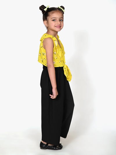 Floral Yellow Knot Crop Top with Zade Black Pant Set