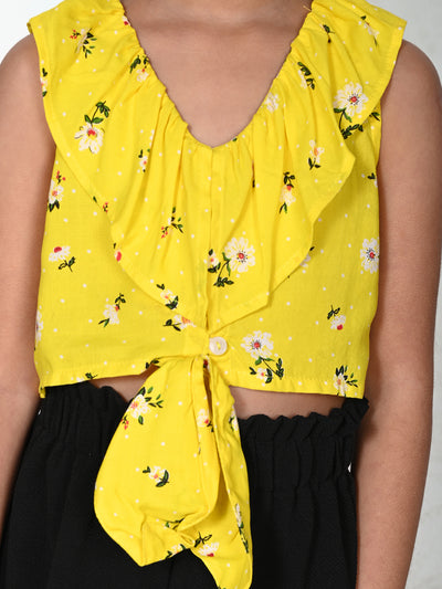 Floral Yellow Knot Crop Top with Zade Black Pant Set