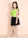 Parrot Green One Shoulder Frill Top with Bow Style Skirt Set