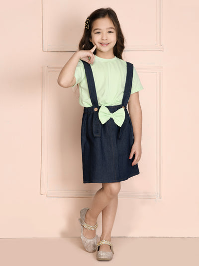 Lime Green Crop Knot Top with Dungaree Skirt Set
